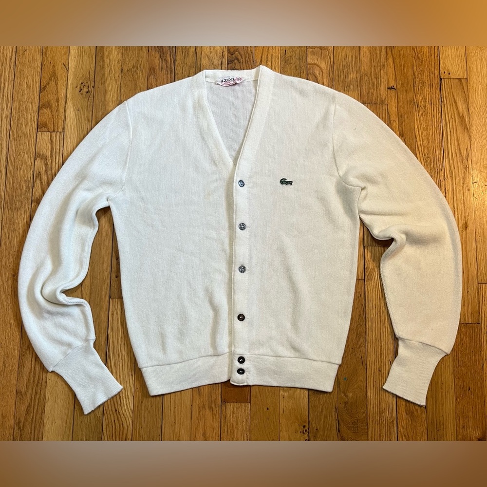 IZOD of London Vintage Cream Grandpa Sweater Cardigan Button Down Logo Mens Med?